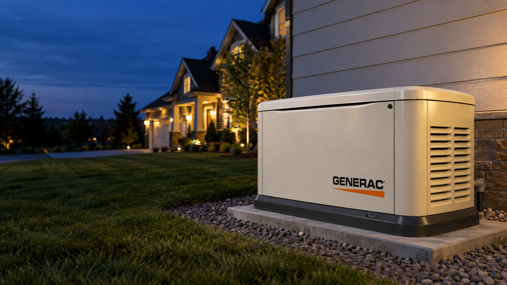 Generac standby generator outside a home at night
